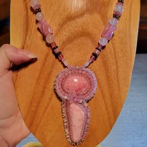 Rhodochrosite Bead Embroidered Necklace Handmade OOAK w/ Sterling Silver & Glass